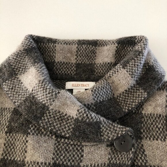 Ellen Tracy Check Pattern Long Sleeve Shawl Collar Sweater Jacket Grey Size M - Picture 5 of 13